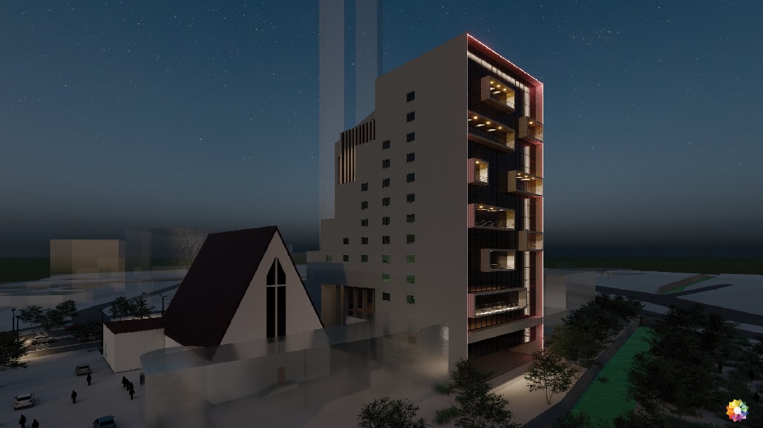 Architectural rendering of the building at night